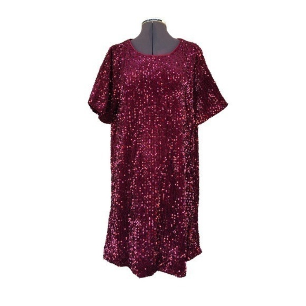JODIFL Velvet Sequin Short Sleeve Burgundy Pull On Shift Dress Size L